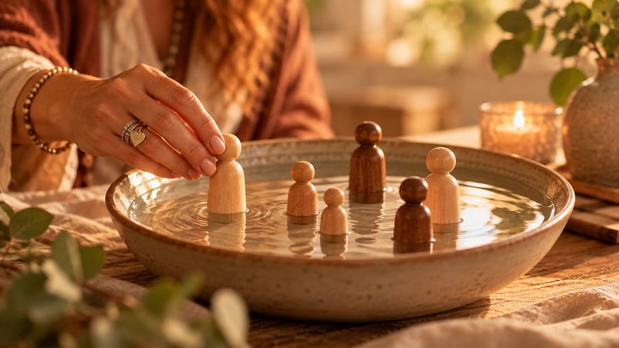 Mão posicionando bonecos de madeira em uma bacia com água