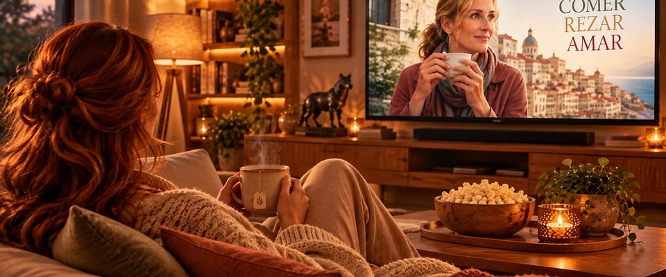 Mulher assistindo a um filme em casa, com pipoca e chá