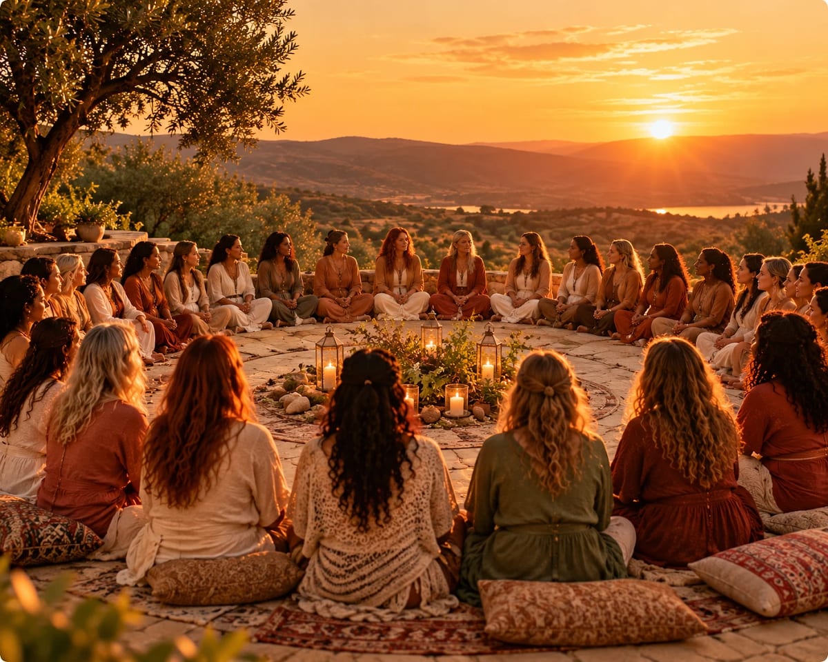Mulheres sentadas em roda ao pôr do sol, com velas e plantas ao centro